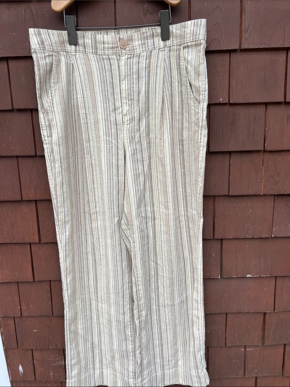 LL Bean Go Anywhere Linen Blend Pant Beige Stripe Sz 12 Defects